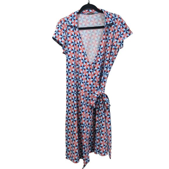 J. McLaughlin Womens Geometric Print SS Wrap Dress Size M Red/Blue Casual Preppy - Picture 1 of 12